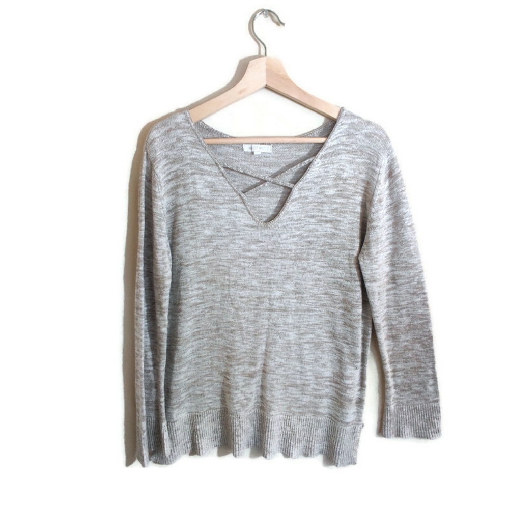 AUGUST MIST Heathered Tan & Gray Long Sleeve V-Neck Knit Tunic Sweater Shirt XL